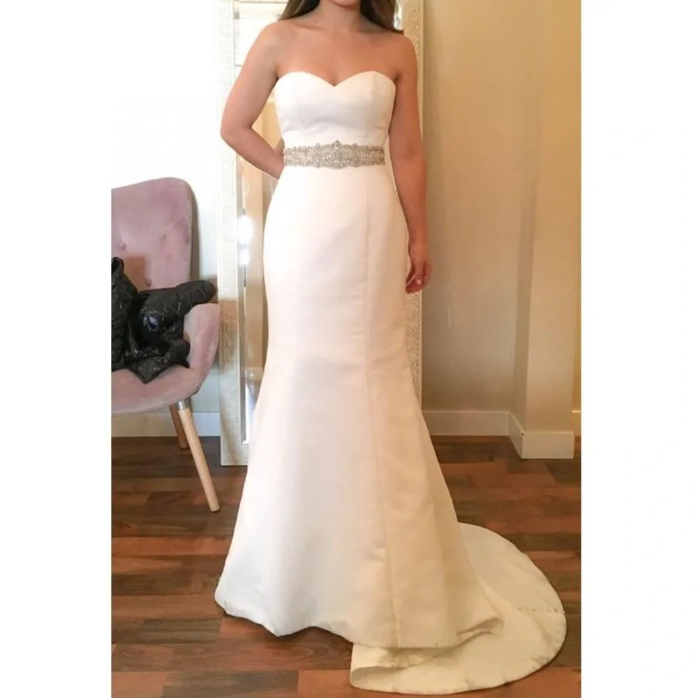 BHLDN Strapless White Mermaid Wedding Gown with Covered Buttons
